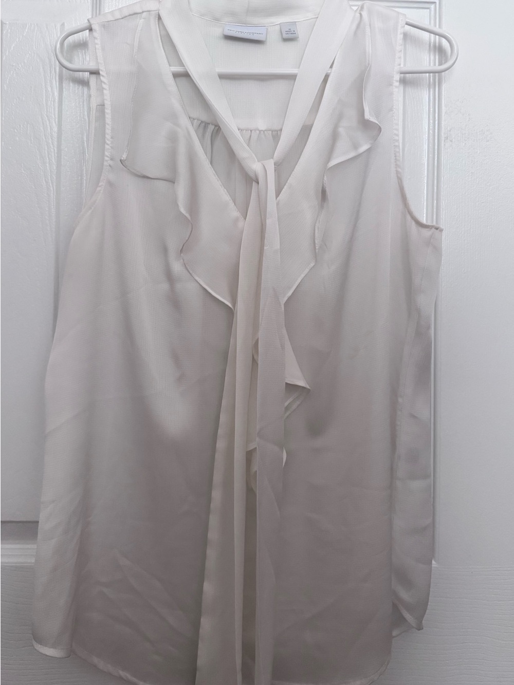 New York & Company Sleeveless Ruffled Tie-Neck Blouse - White